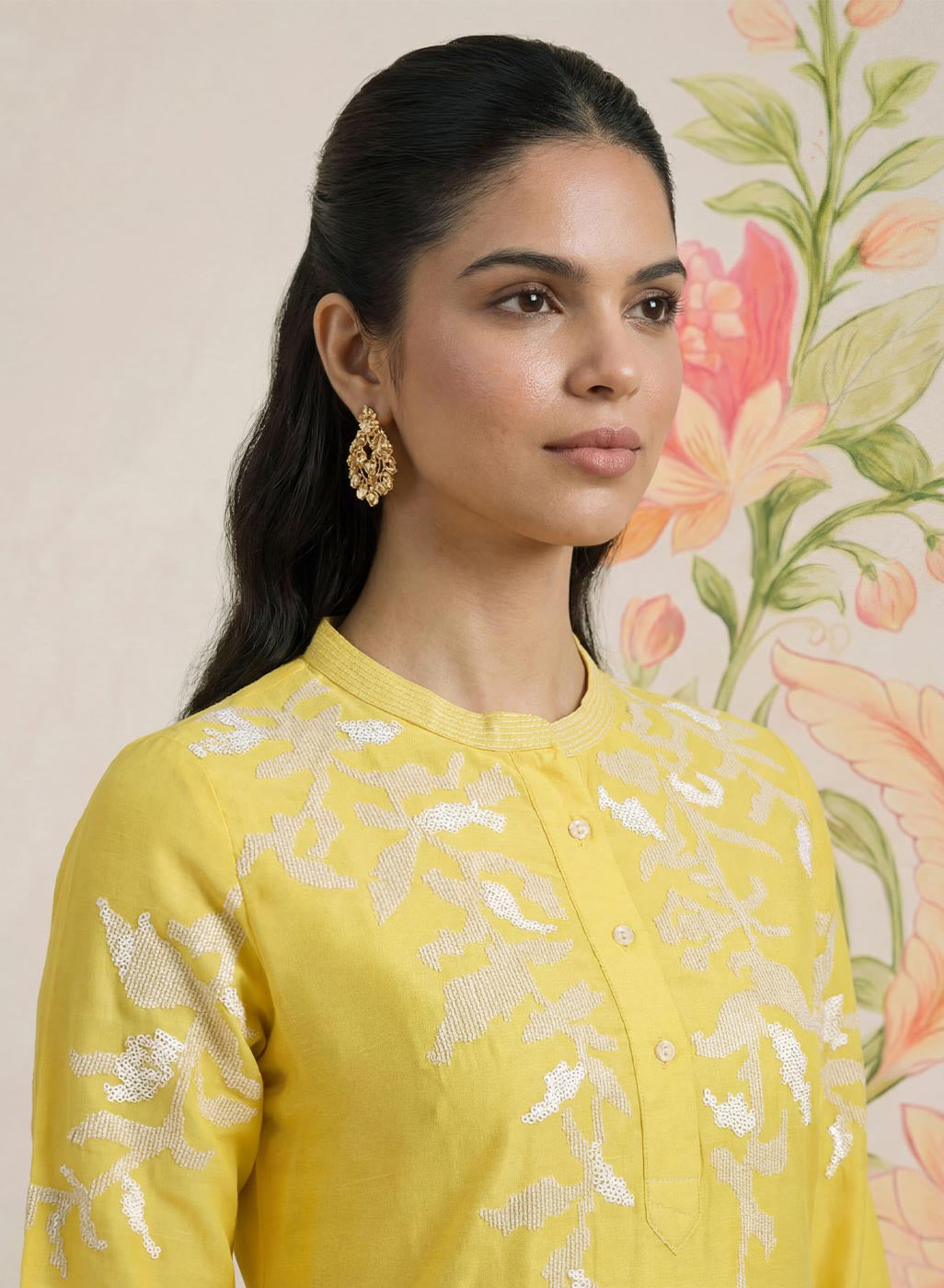 Intira Yellow Embroidered A-line Kurta