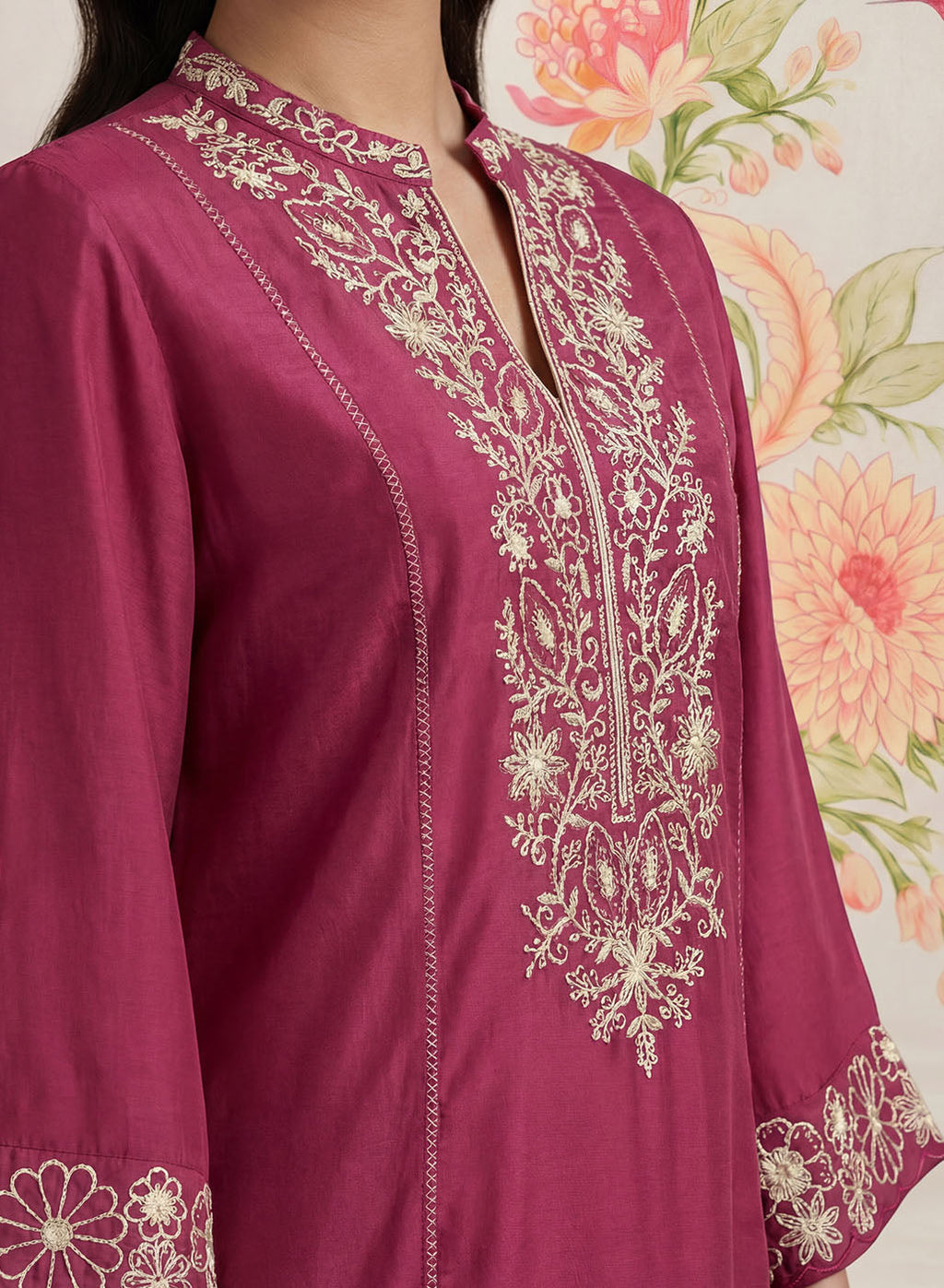 Saroja Dark Fuchsia Embroidered A-line Kurta Set
