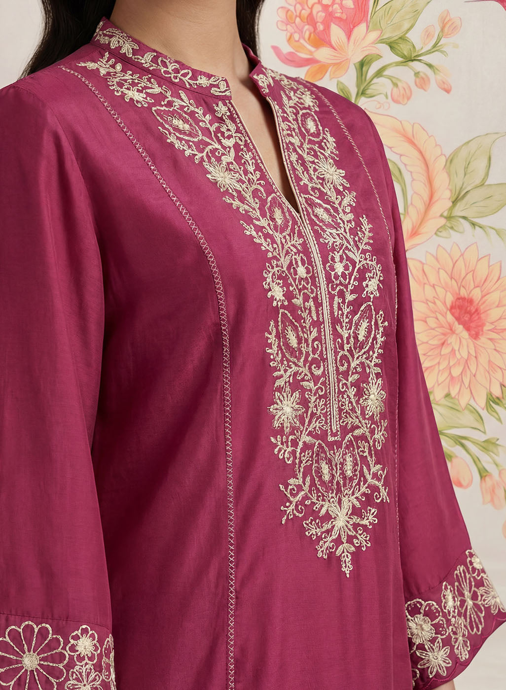 Saroja Dark Fuchsia Embroidered A-line Kurta Set