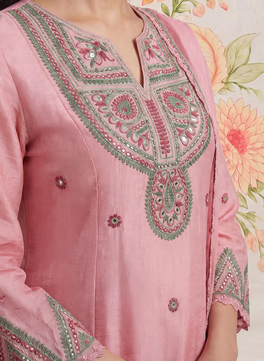 Albeli Baby Pink Embroidered A-line Suit Set with Dupatta