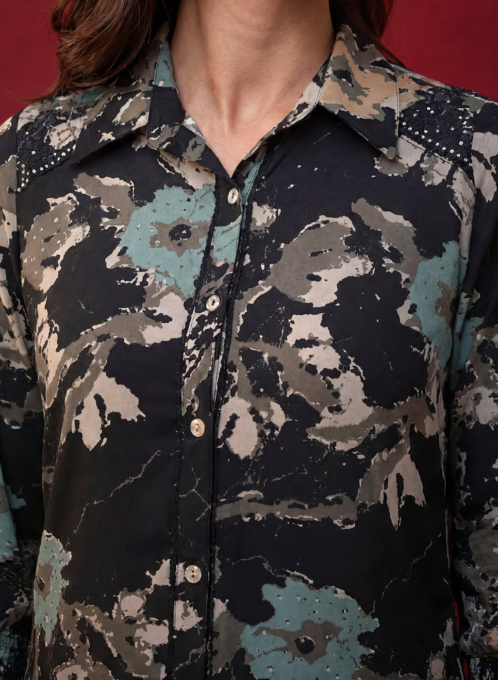 Black All Over Printed Crepe Shirt