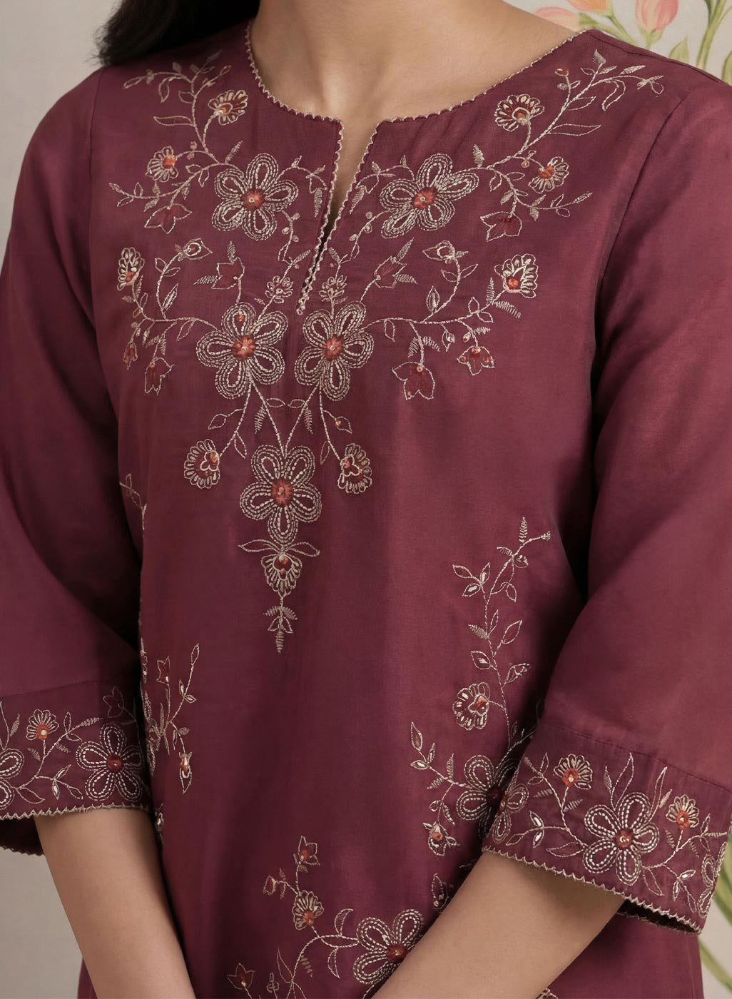 Jogan Maroon Embroidered Chanderi Kurta Set