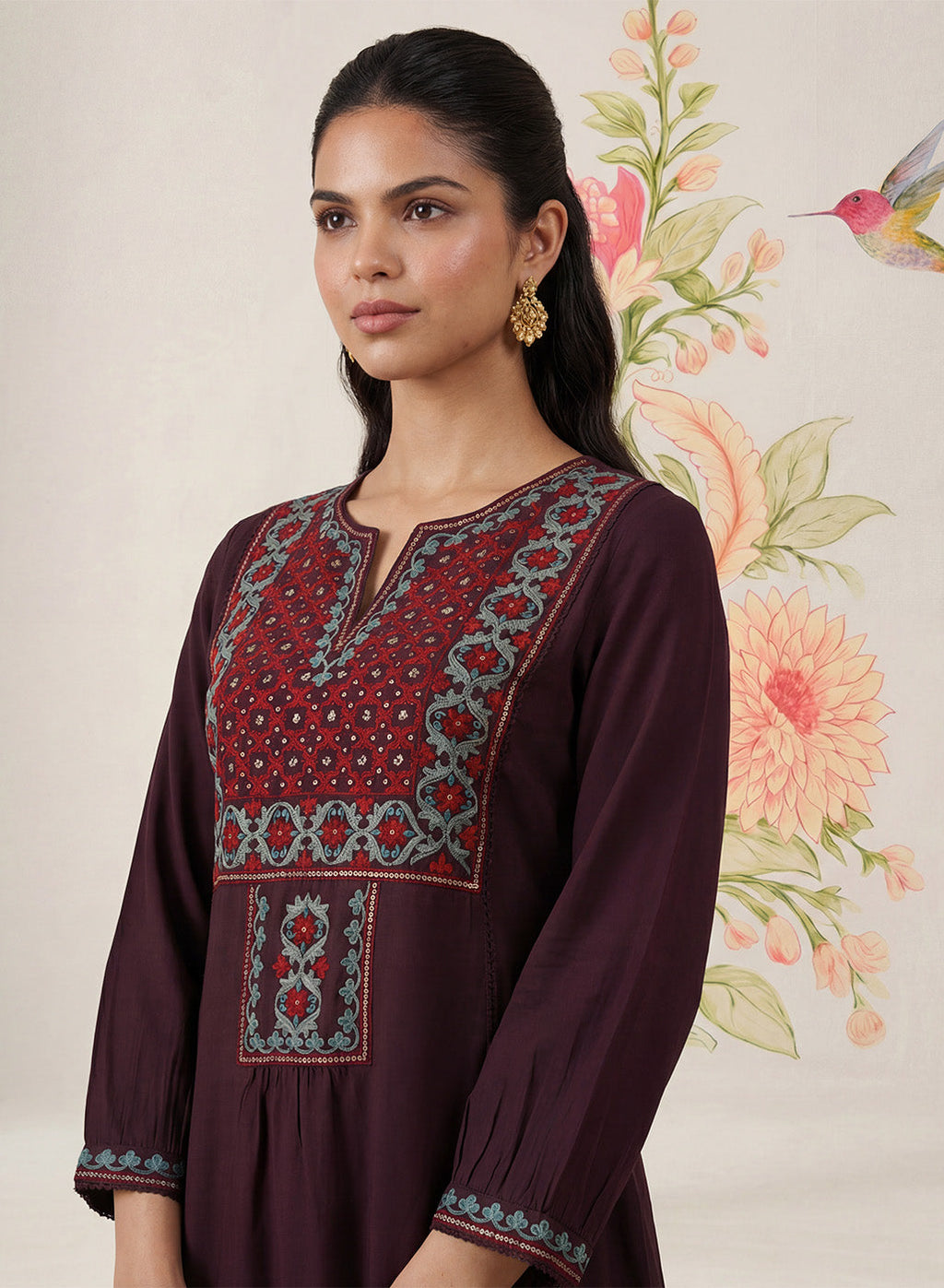 Jugni Wine Embroidered A-line Kurta