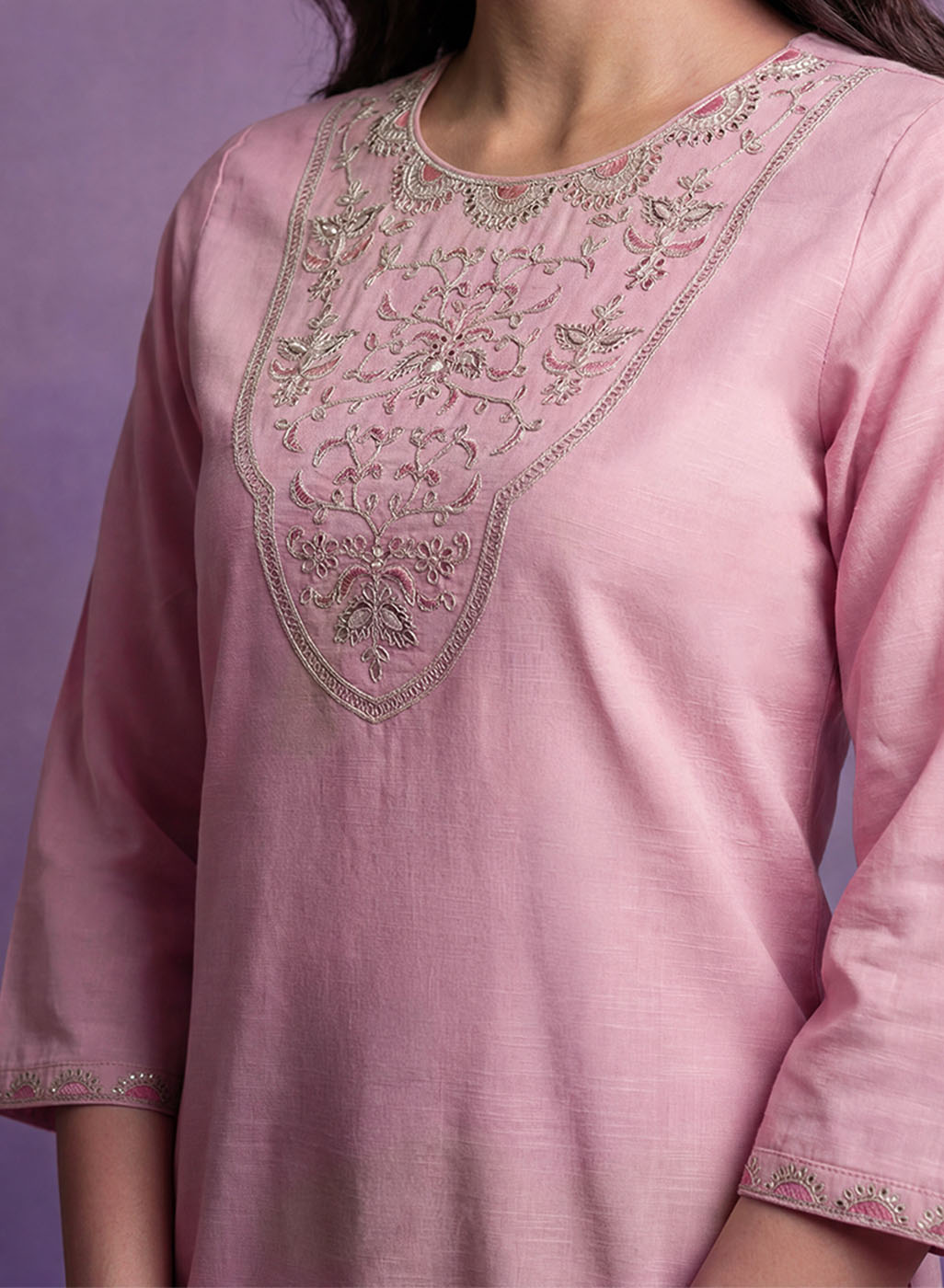 Pink Embroidered Cotton blend Kurta Set