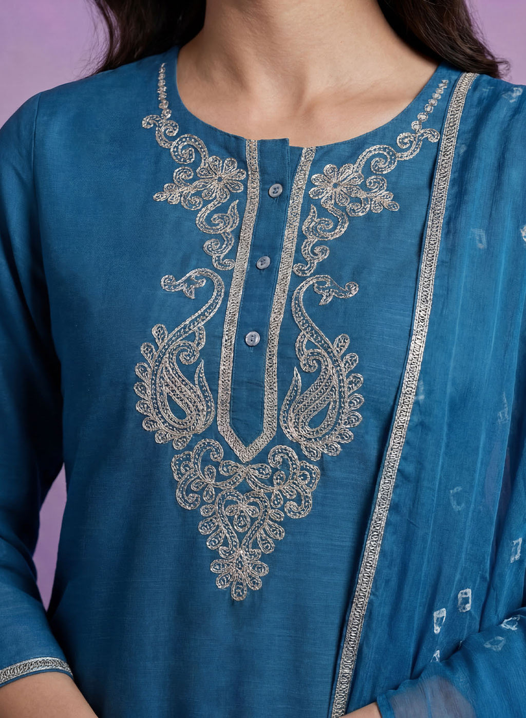 Blue Embroidered Straight Suit Set with Dupatta