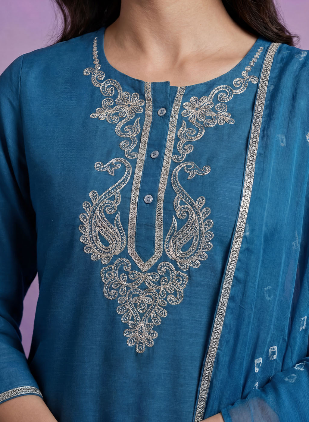 Blue Embroidered Straight Suit Set with Dupatta