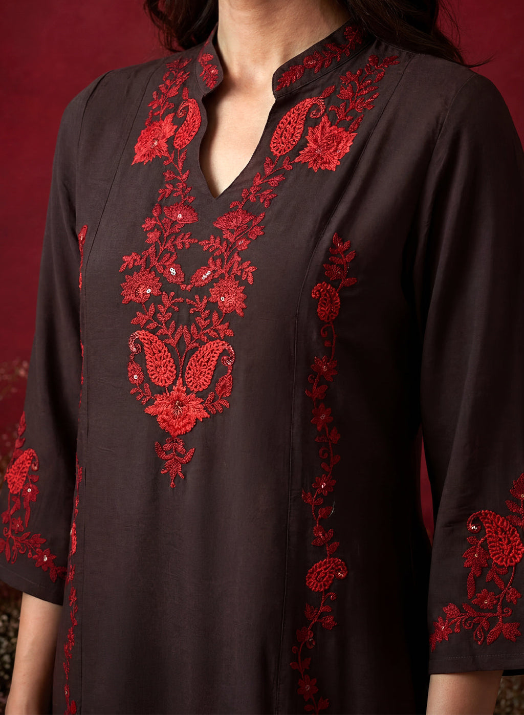 Brown Embroidered Cotton Blend Everyday Kurta