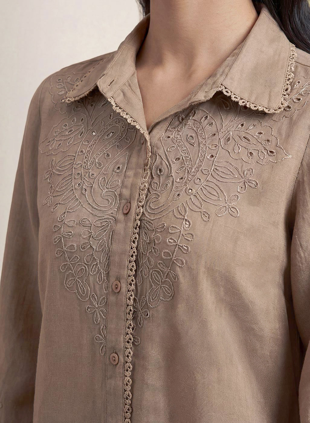 Zoa Beige Monochrome Embroidered Co-ord Set