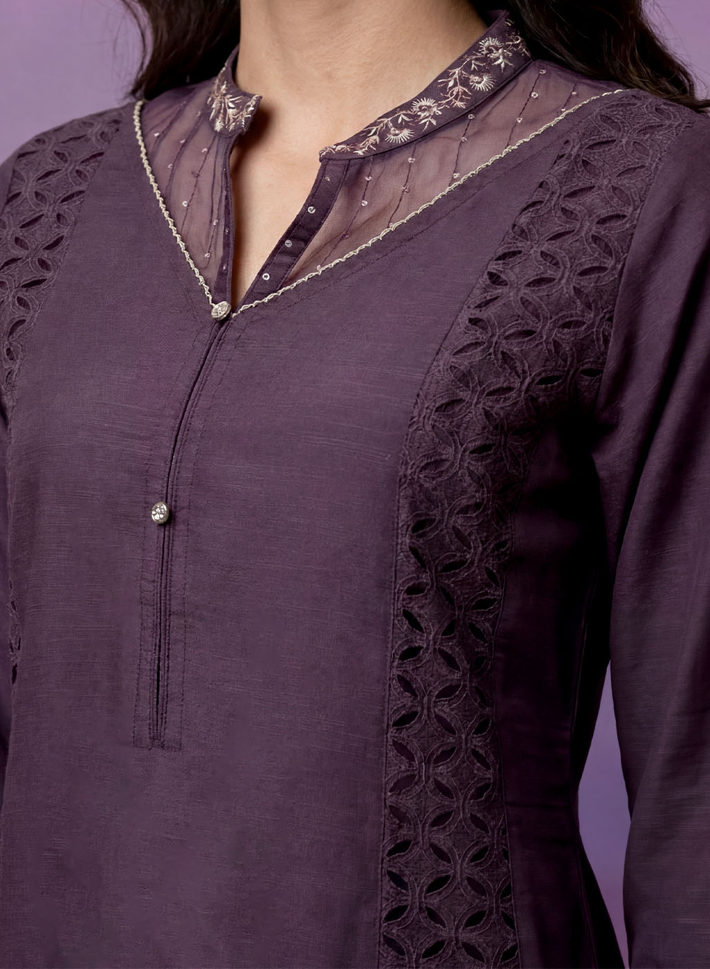 Purple Embroidered A-line Kurta Set