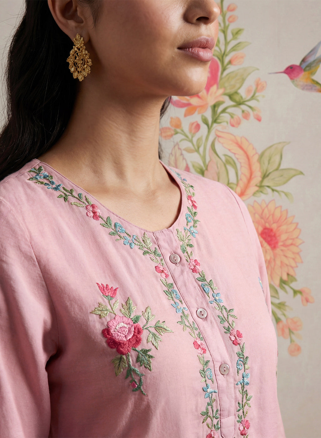 Saavan Pink Embroidered Cotton blend Kurta Set
