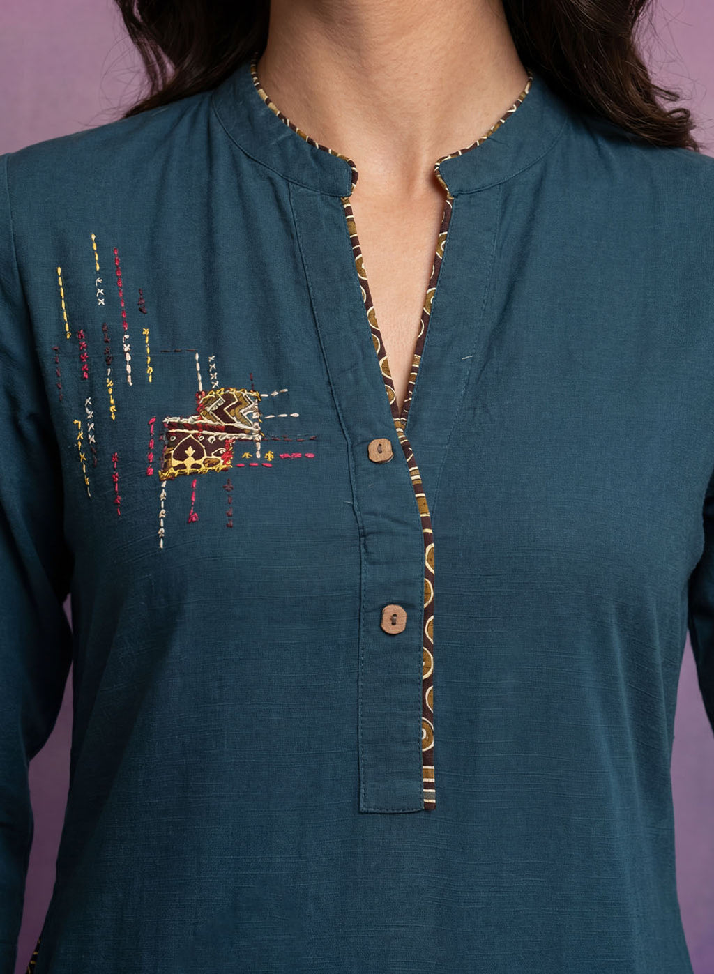 Teal Applique-work Kurta Set
