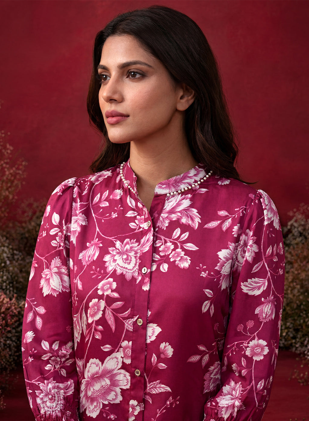 Fuchsia All Over Printed Satin Shirt