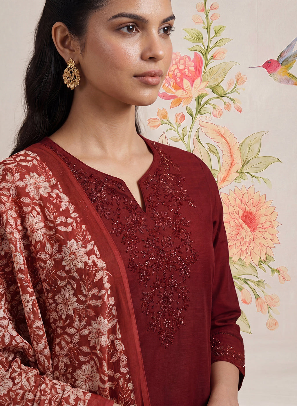 Ragini Maroon Embroidered Straight Suit Set with Dupatta