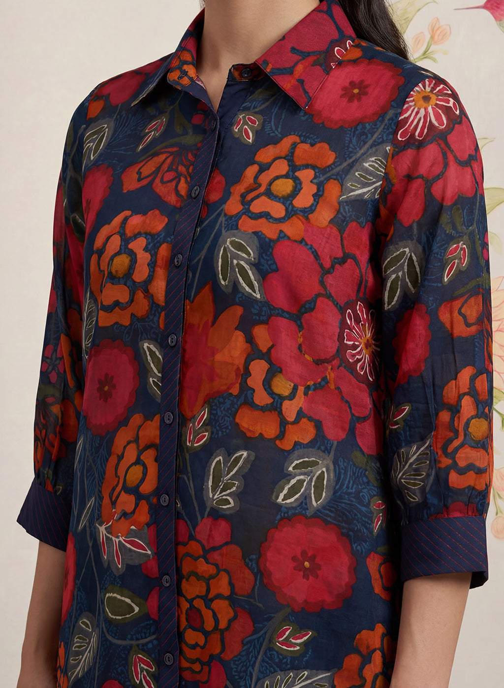 Survani Navy Floral Printed Cotton Shirt