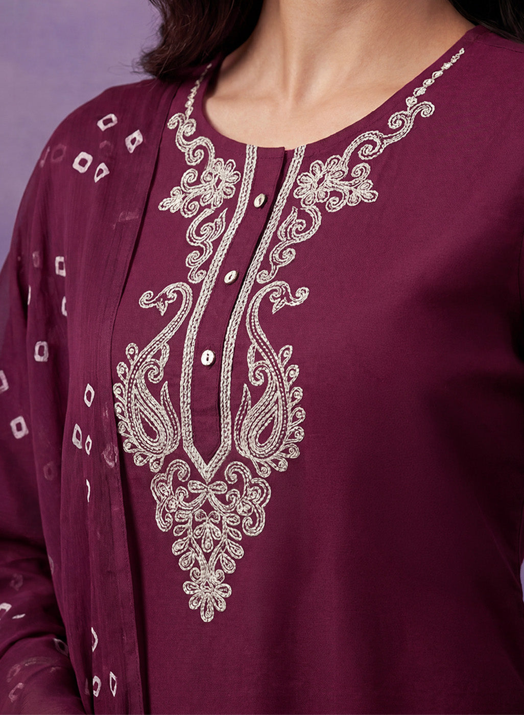 Wine Embroidered Straight Suit Set with Dupatta