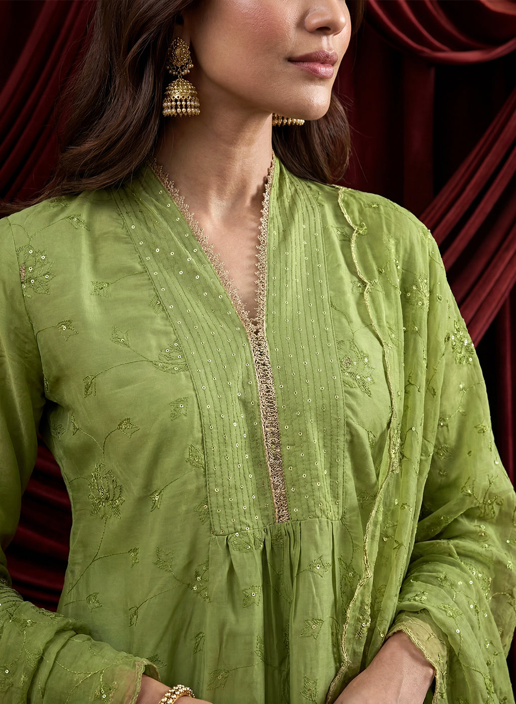 Spring Green Embroidered Chanderi Suit Set