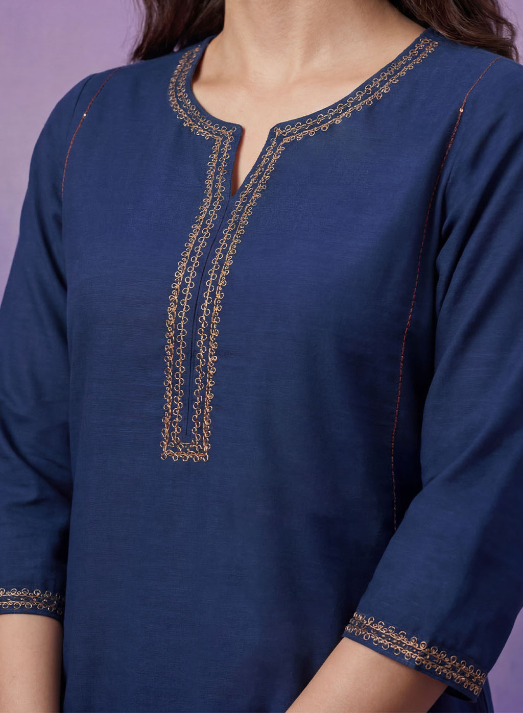 Blue Cotton Blend Embroidered Kurta Set
