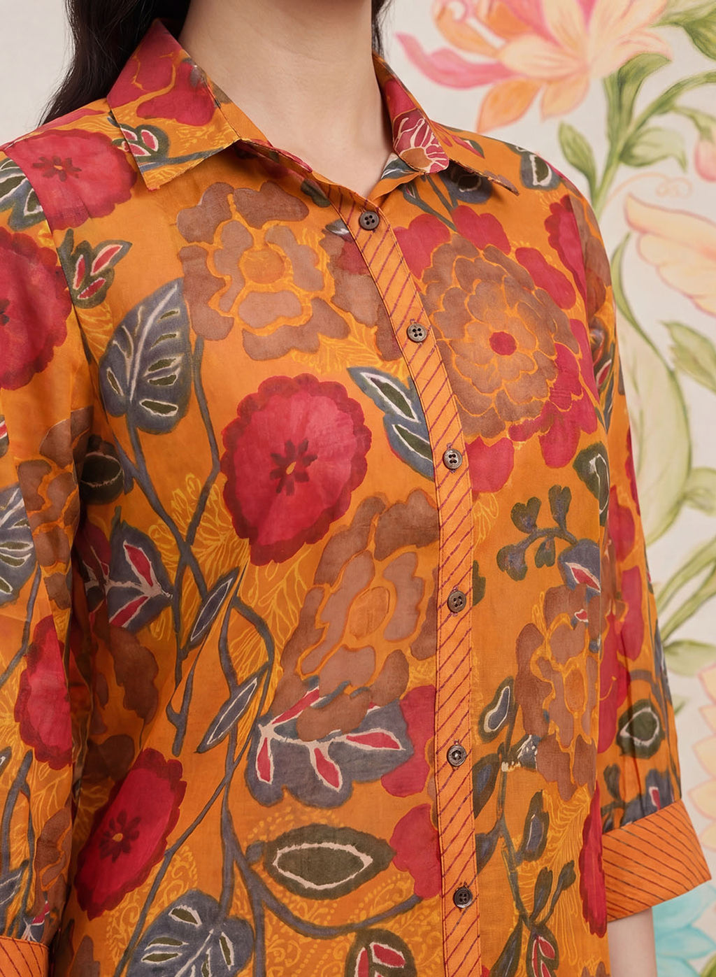 Survani Mustard Floral Printed Cotton Shirt