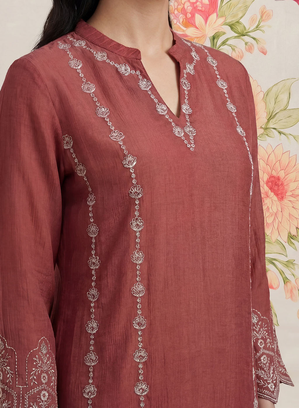 Akshi Red Embroidered A-line Linen-blend Tunic