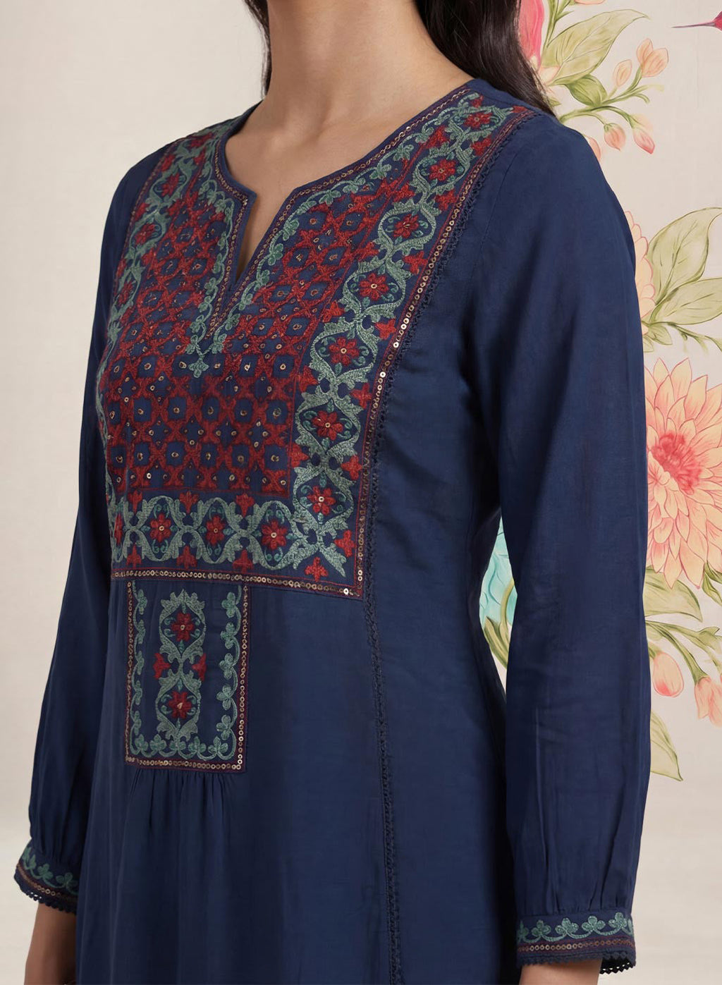 Jugni Navy Embroidered A-line Kurta