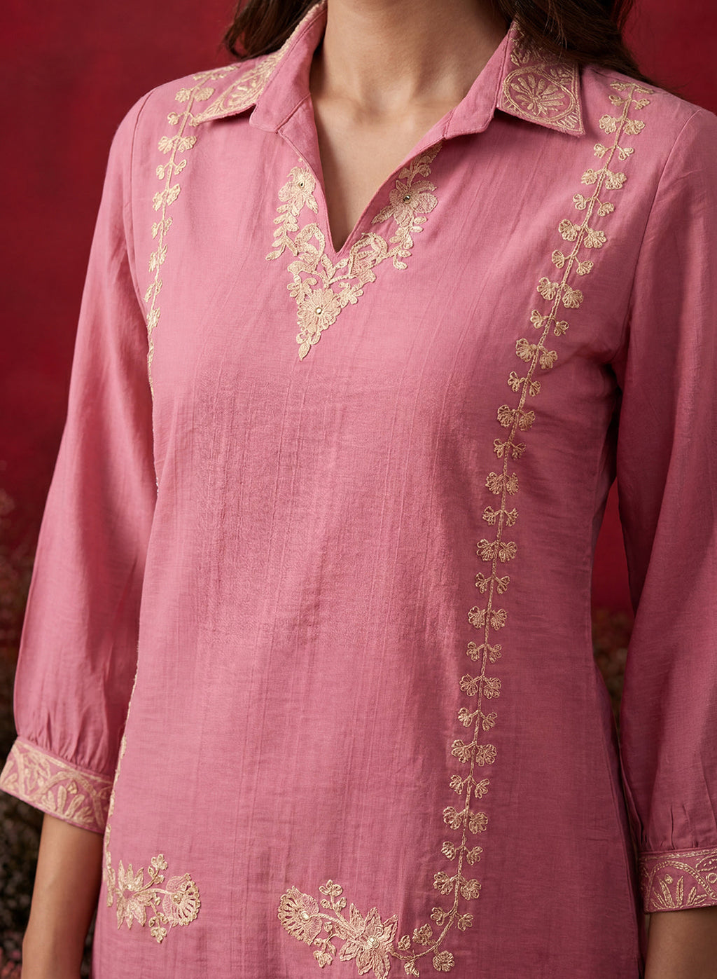Peach Embroidered Cotton Blend Regular Co-ord Set