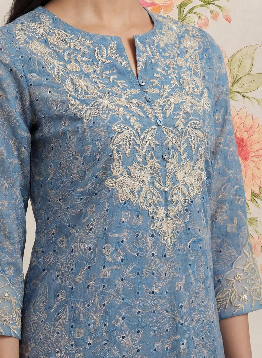 Iraavat Blue Embroidered Cotton Kurta Set