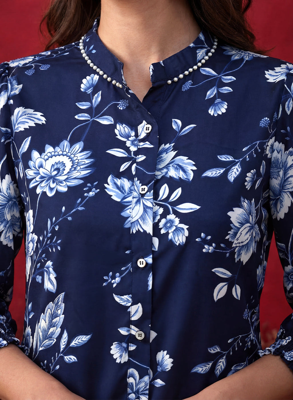 Navy All Over Printed Satin Shirt