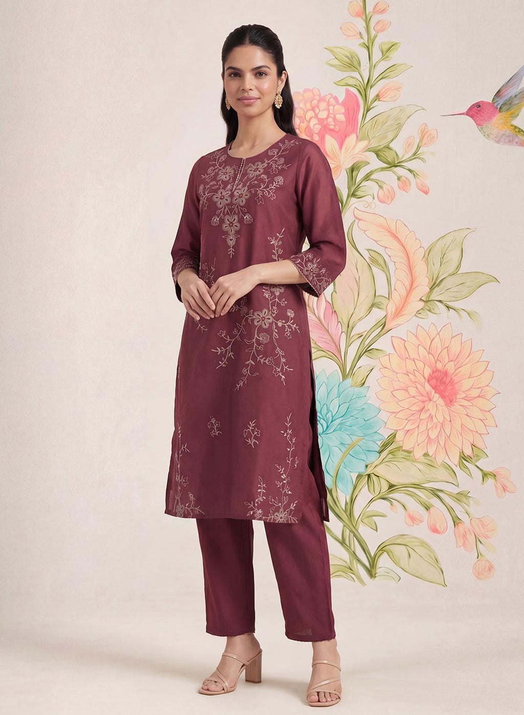 Jogan Maroon Embroidered Chanderi Kurta Set