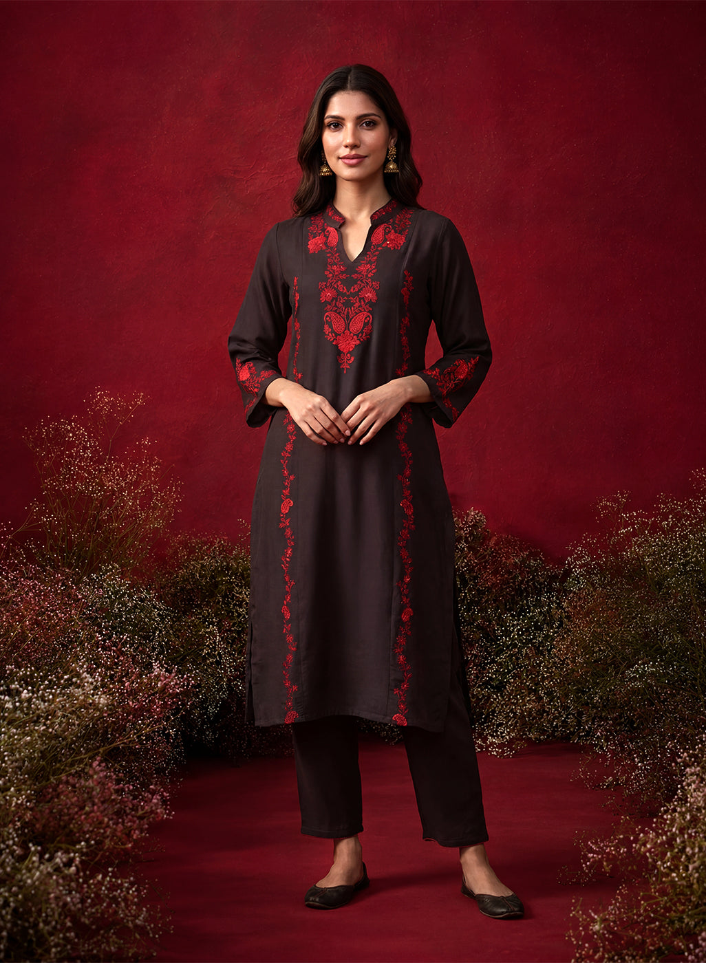 Brown Embroidered Cotton Blend Everyday Kurta