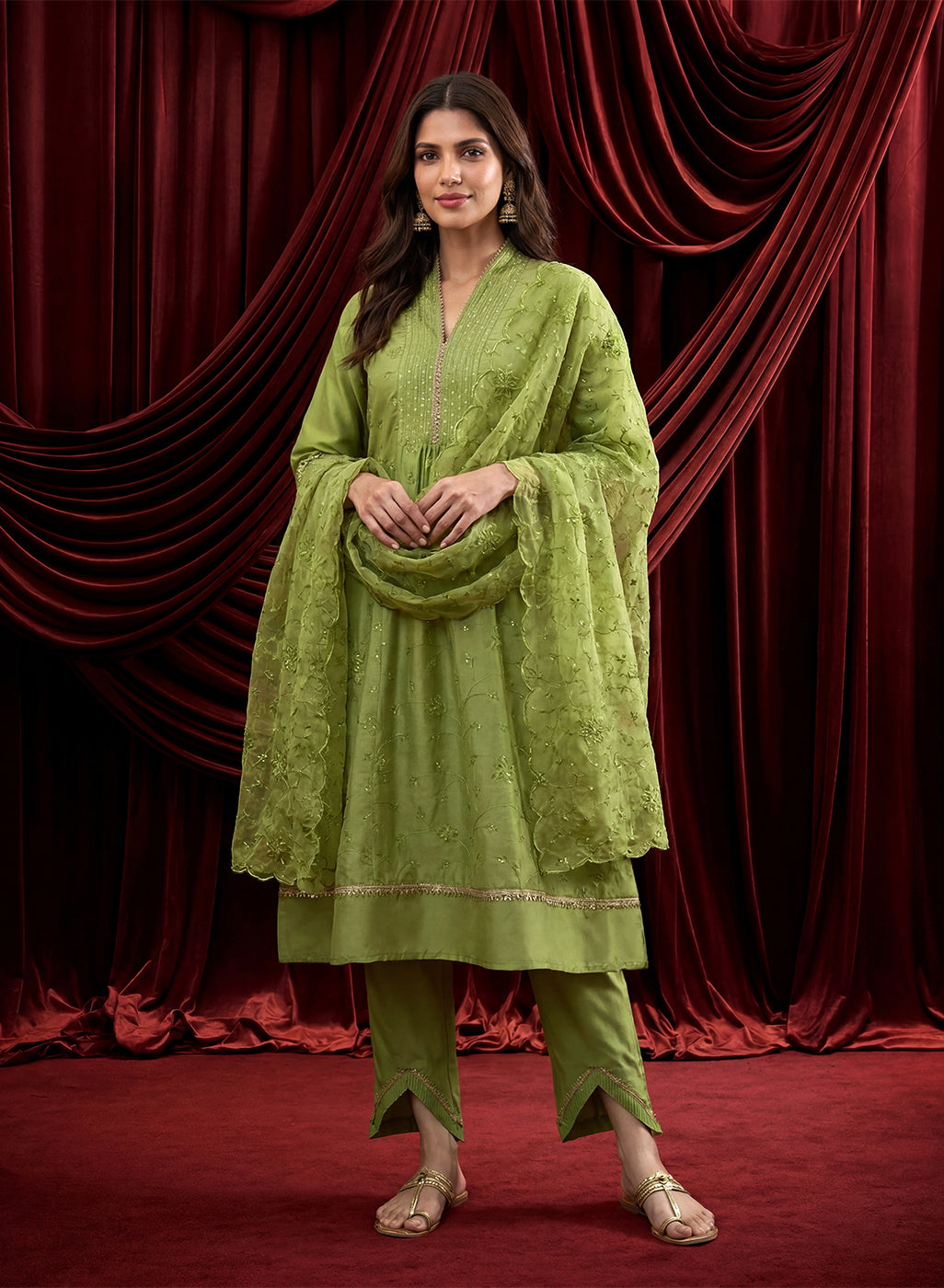 Spring Green Embroidered Chanderi Suit Set