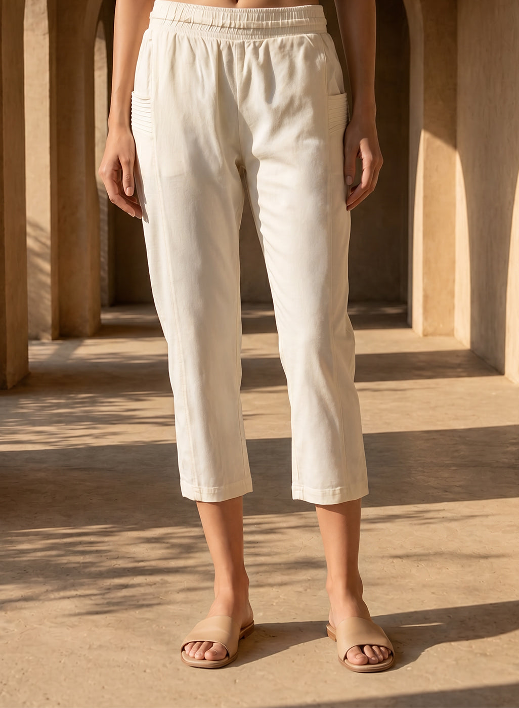 Ivory Cotton Blend Regular Fit Capris
