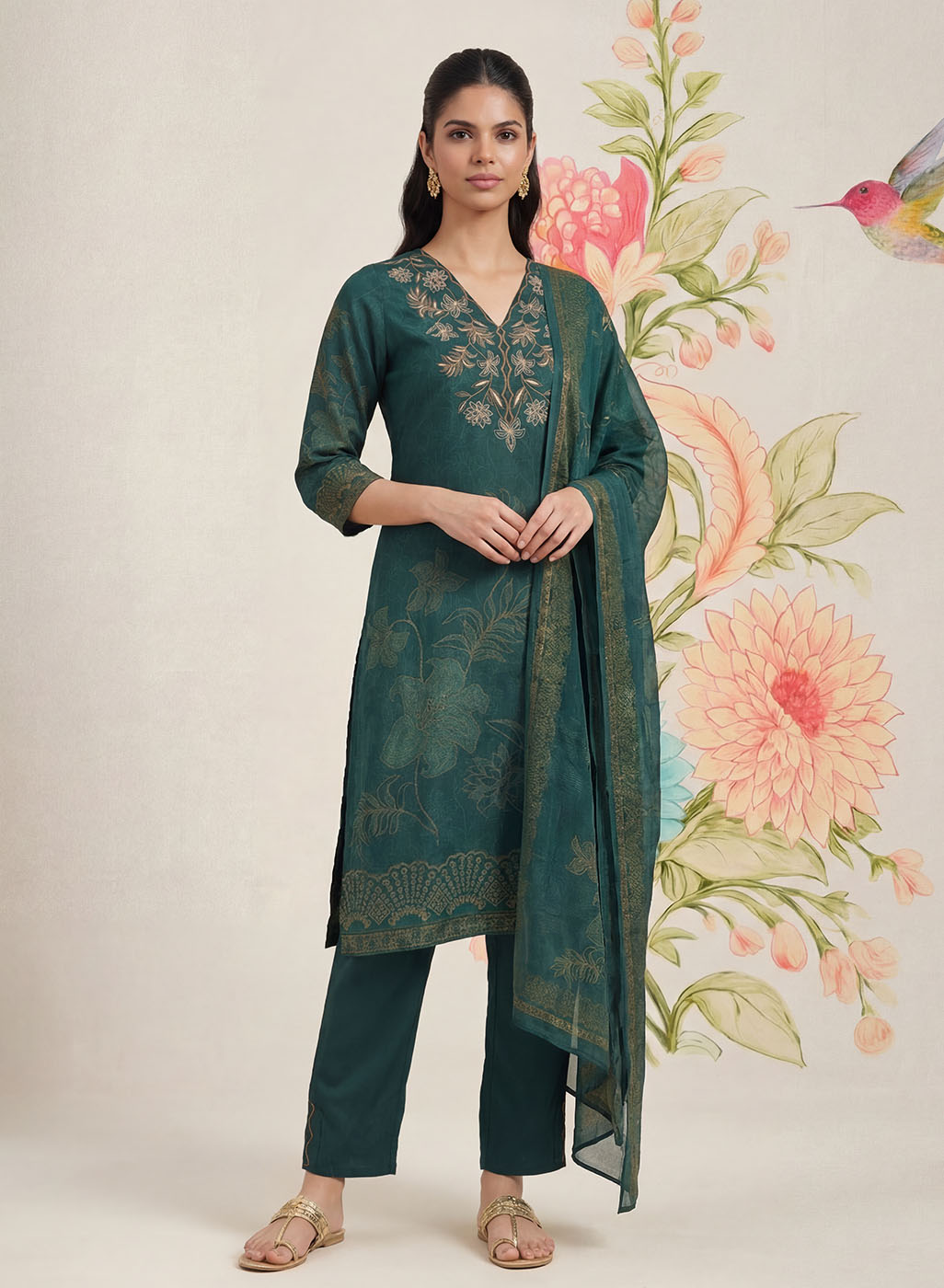 Kasni Teal Printed Suit Set with Dupatta