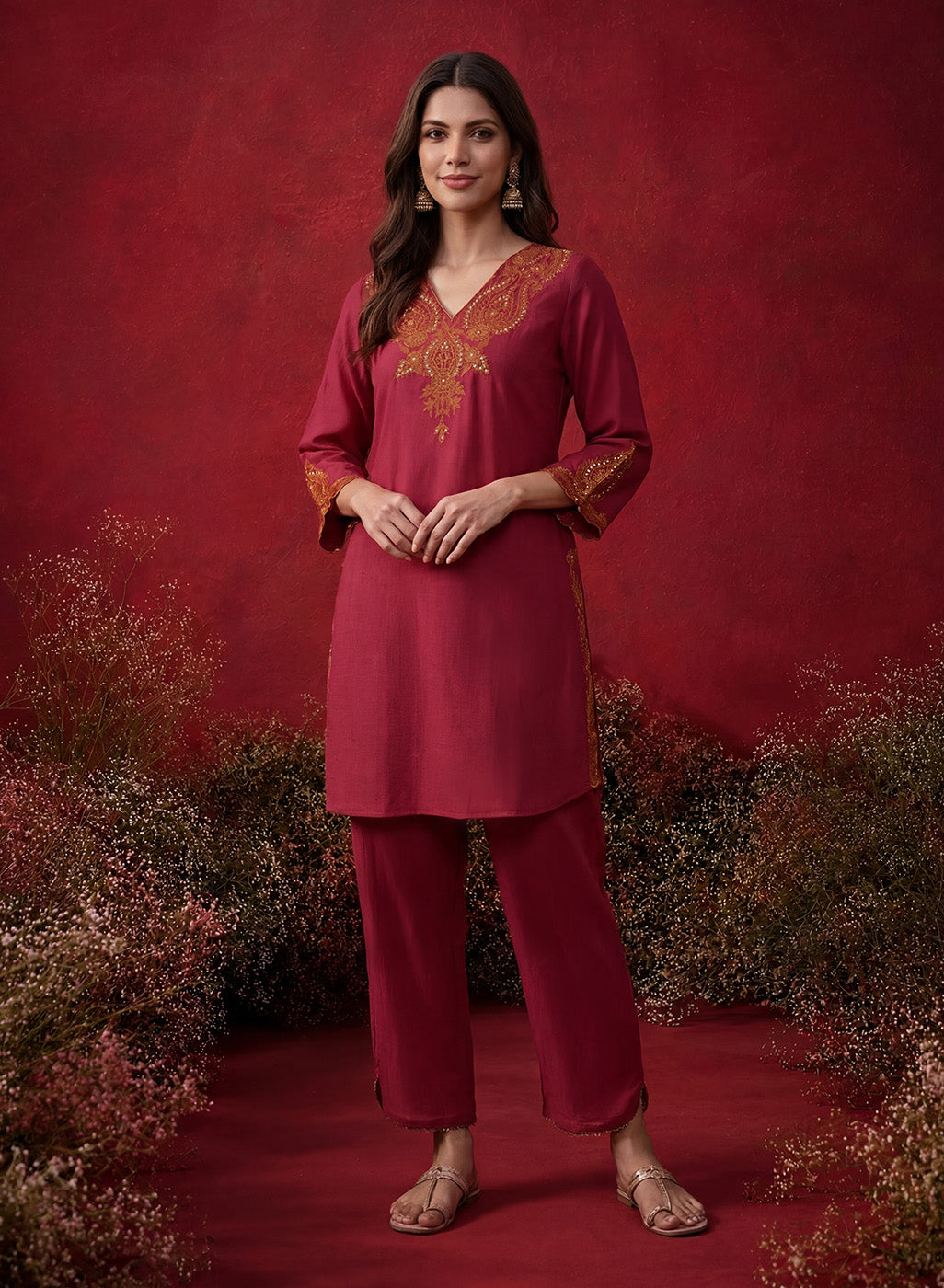Fuchsia Embroidered Cotton Blend Regular Kurta Set