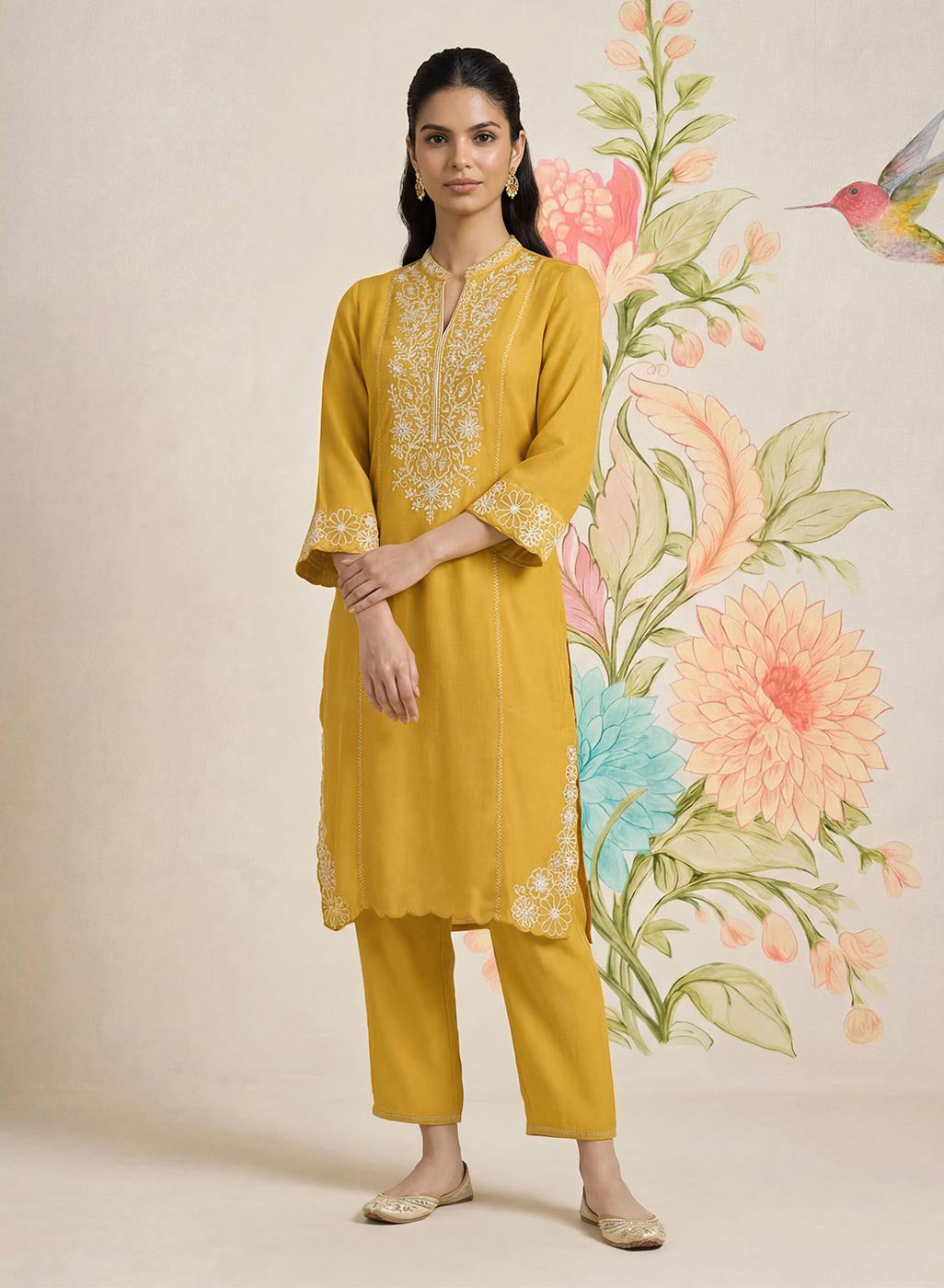 Saroja Yellow Embroidered A-line Kurta Set