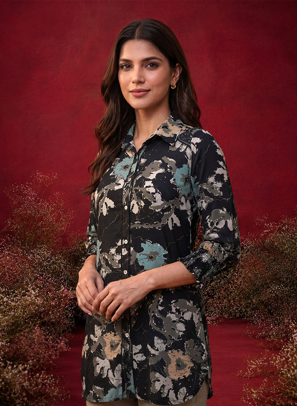 Black All Over Printed Crepe Shirt