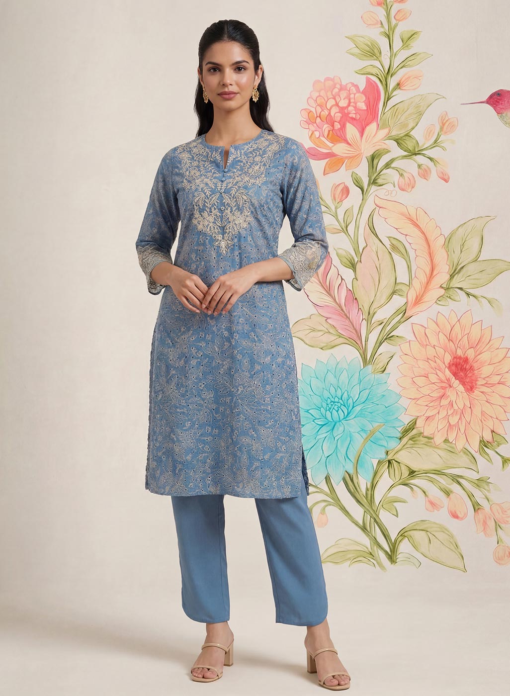 Iraavat Blue Embroidered Cotton Kurta Set