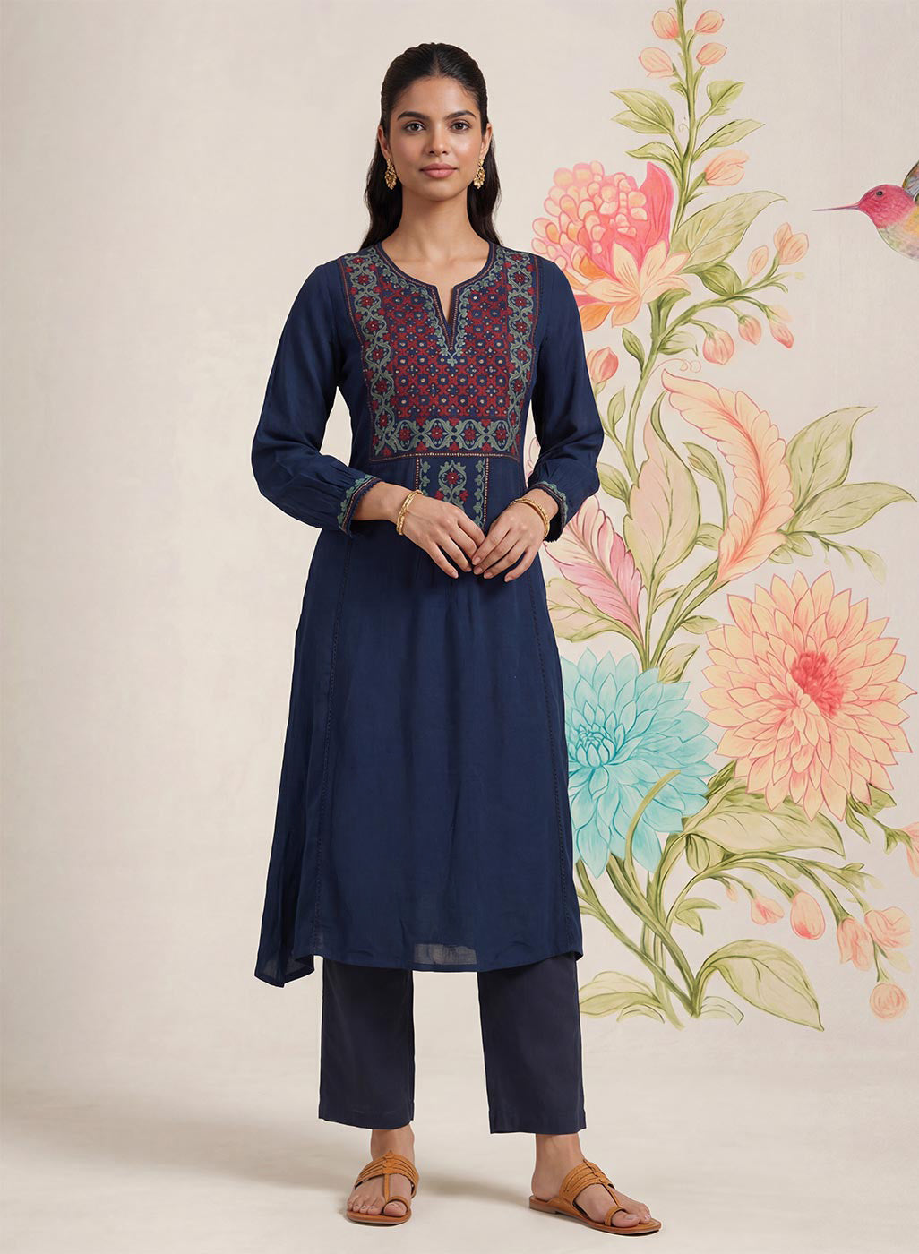 Jugni Navy Embroidered A-line Kurta