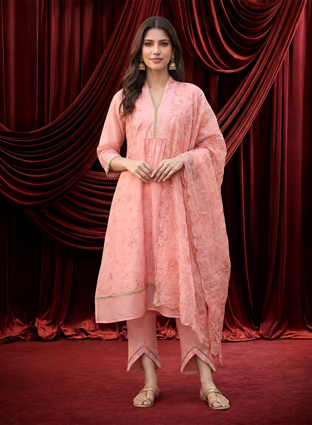 Pink Embroidered Chanderi Suit Set