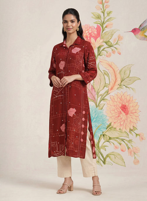 Bani Maroon Printed Straight Kurti