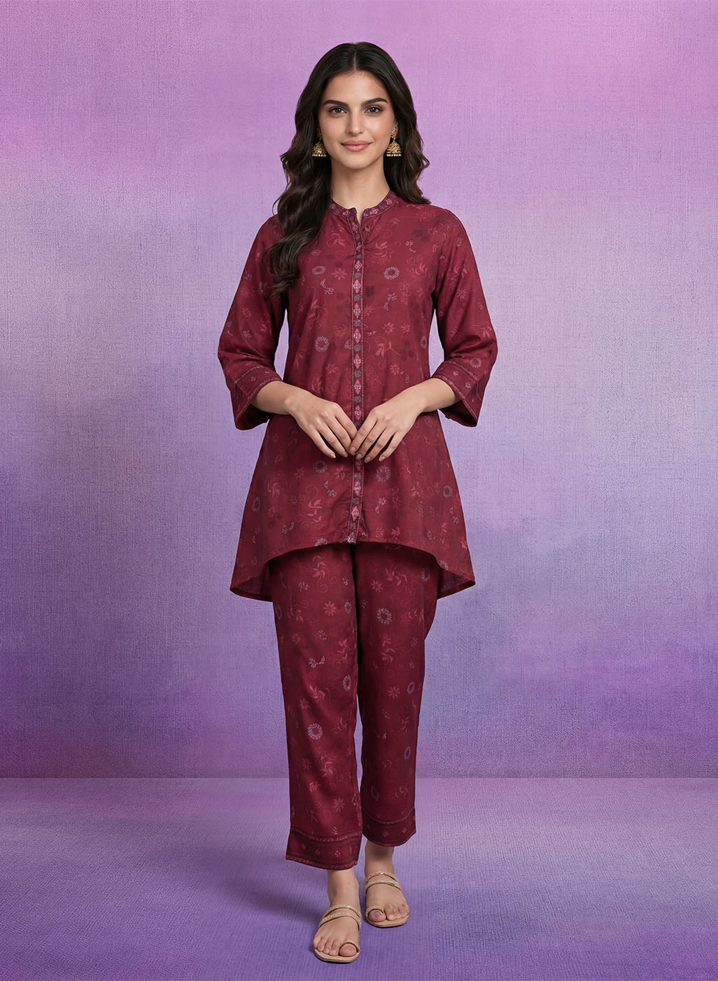 Maroon Embroidered Panelled Co-ord Set