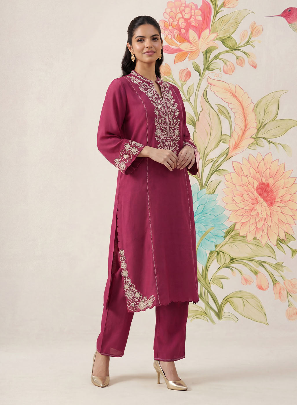 Saroja Dark Fuchsia Embroidered A-line Kurta Set