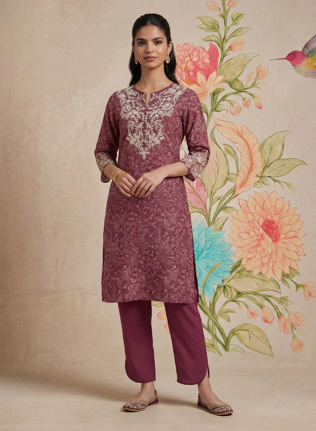 Iraavat Wine Embroidered Cotton Kurta Set