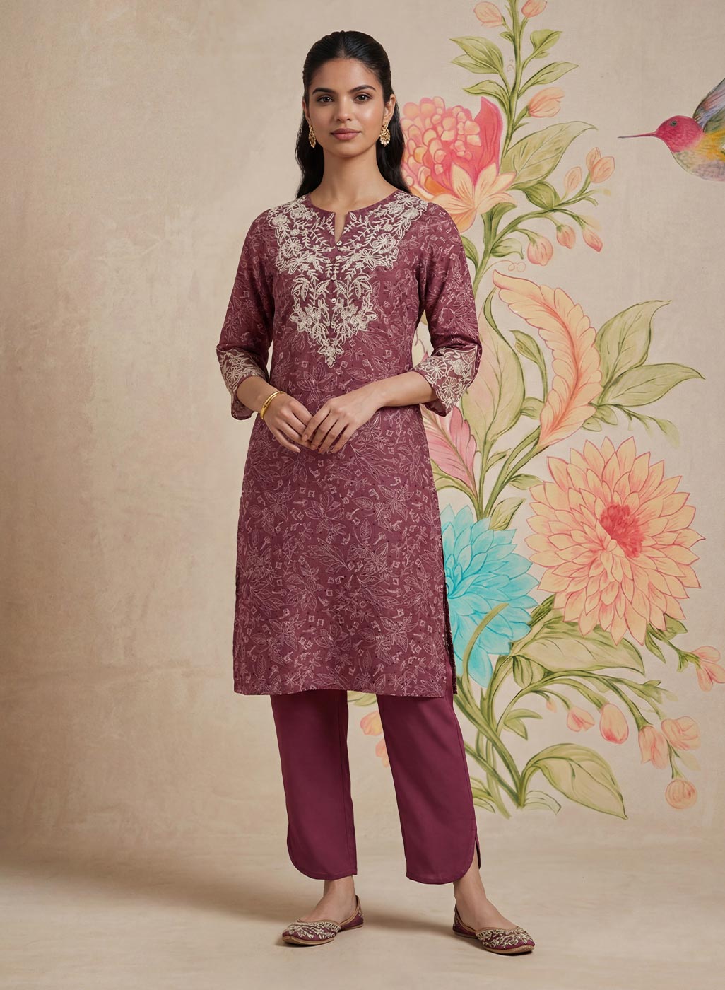 Iraavat Wine Embroidered Cotton Kurta Set