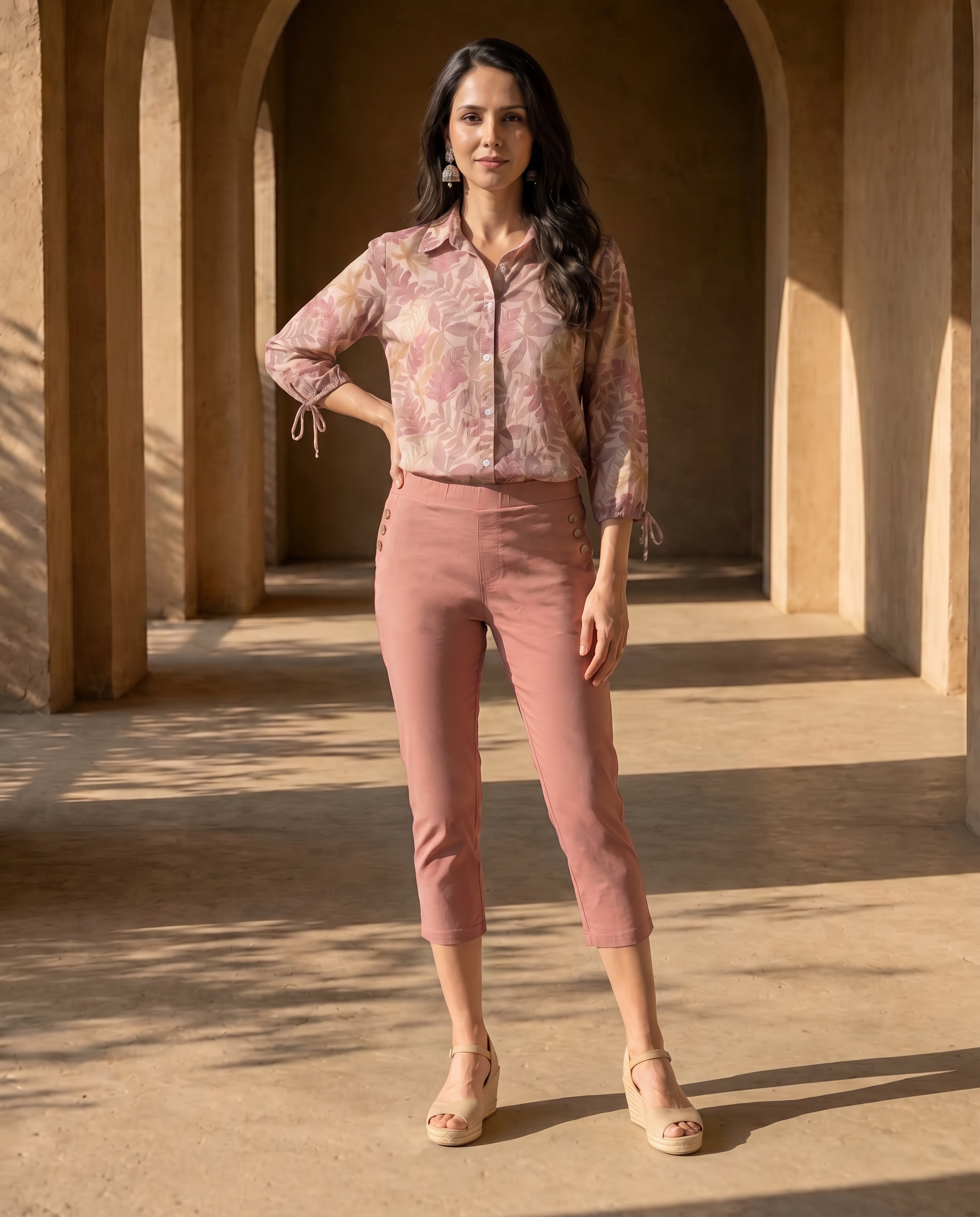 Pink Cotton Blend Tapered Fit Capri