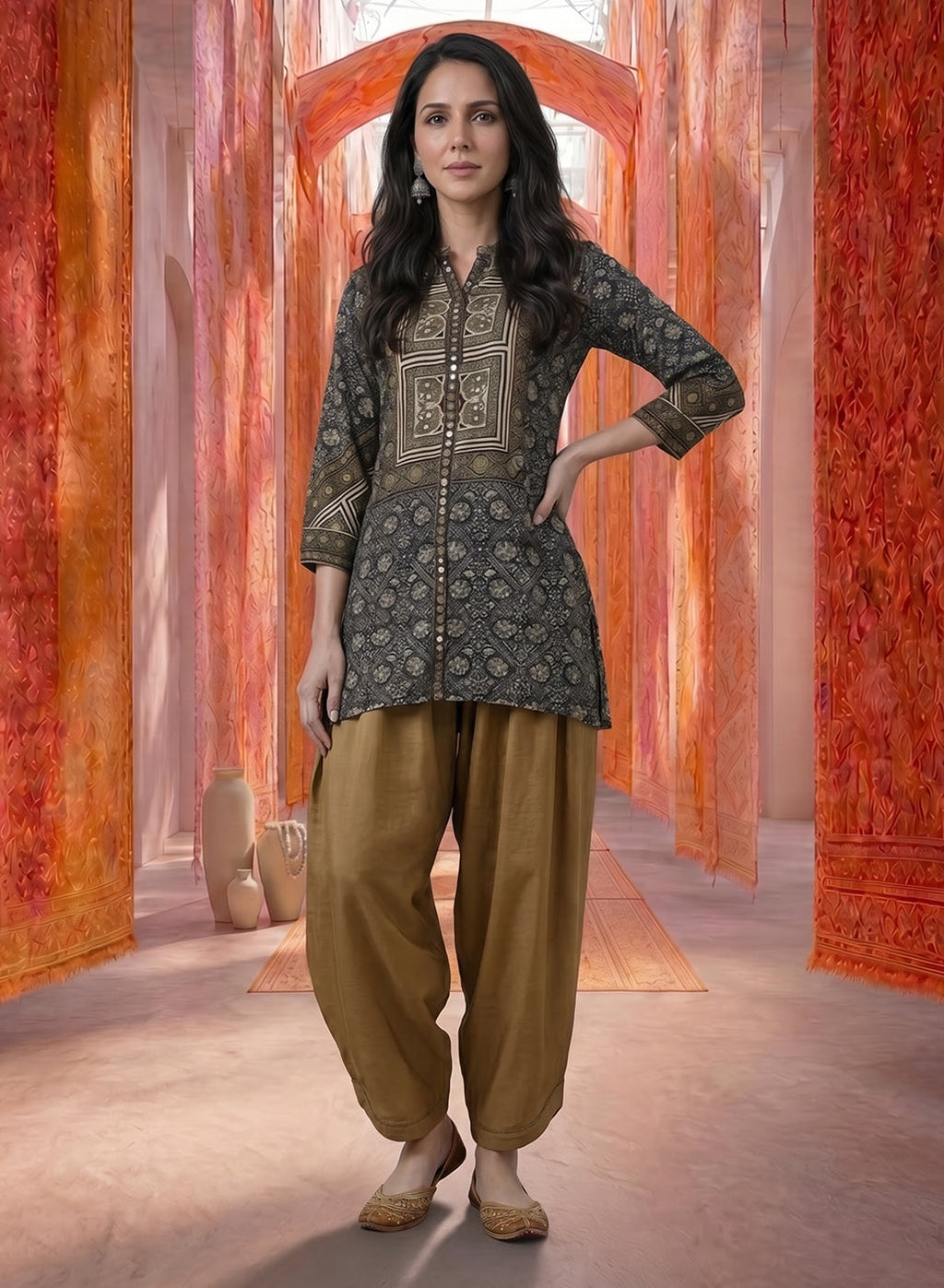 Beige Satin Relaxed Fit Salwar