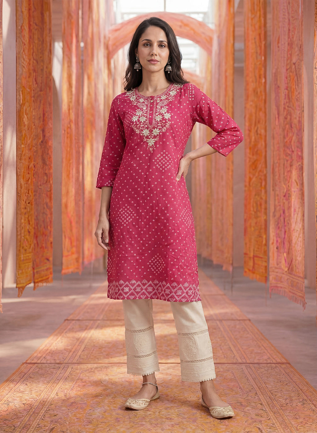 Ivory Lycra Straight Embroidered Palazzo