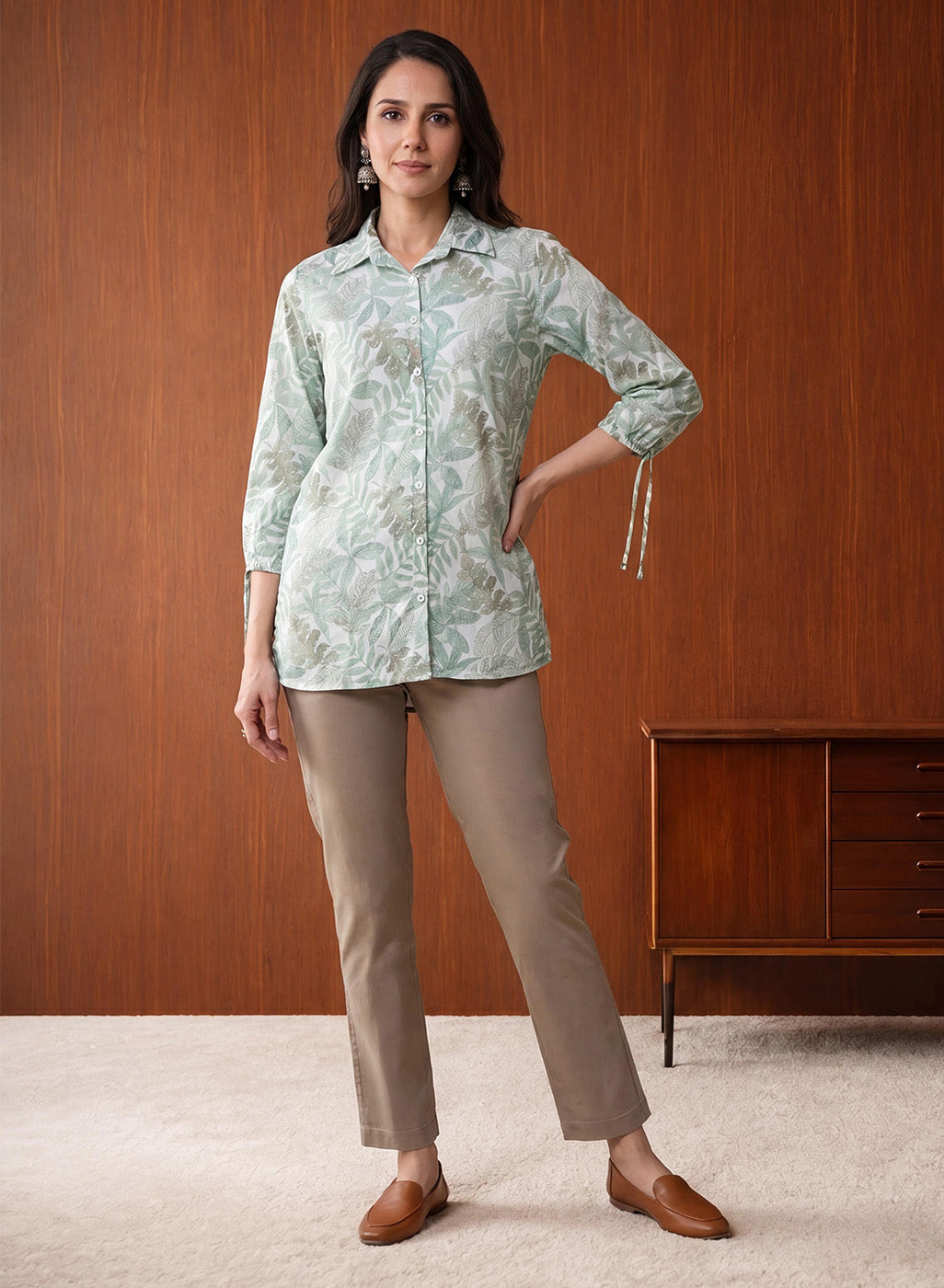 Beige Cotton Blend Regular Fit Pants