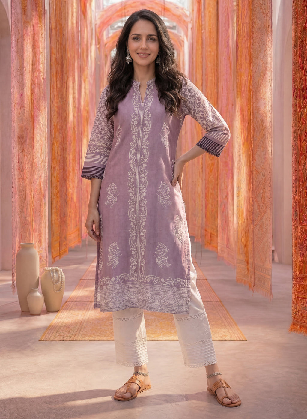 White Lycra Embroidered Straight-Fit Palazzos