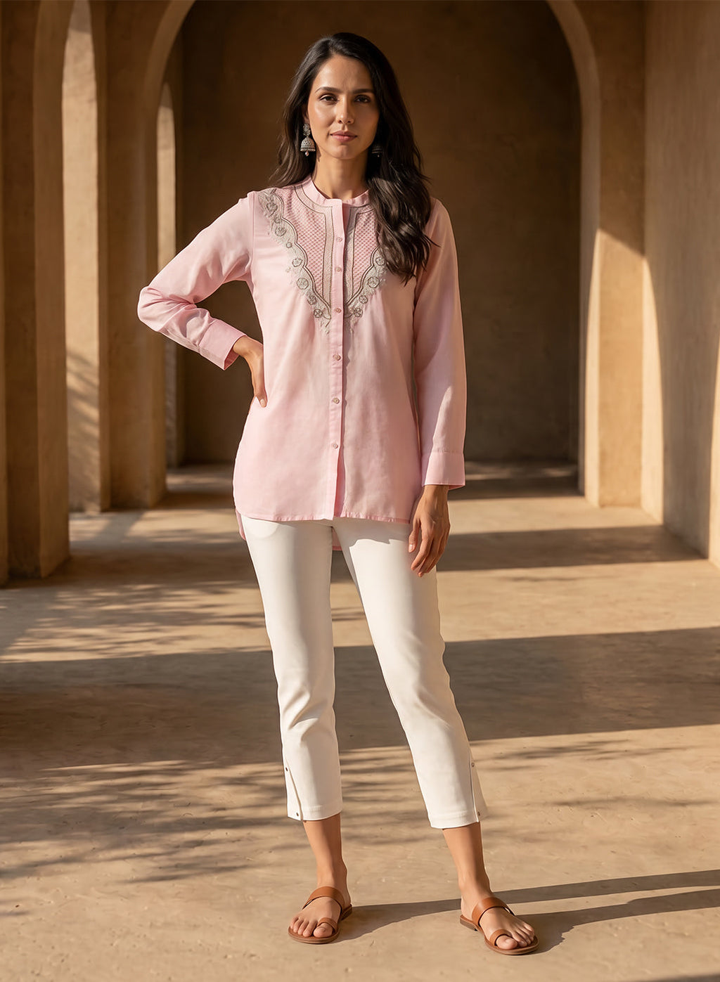 White Straight Fit Cotton blend Capri