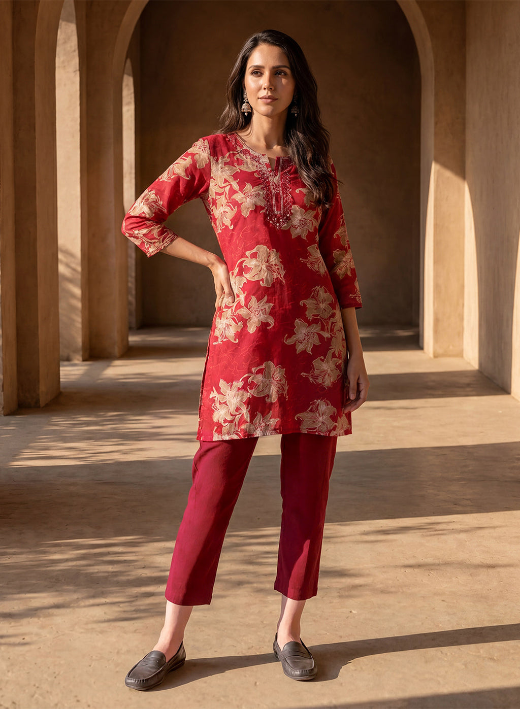 Maroon Cotton Blend Regular Fit Capris
